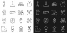 Set Line Plant In Pot, Shovel And Rake, Wooden Logs, Hand Saw, Garden Light Lamp, And Apple The Sack Icon. Vector