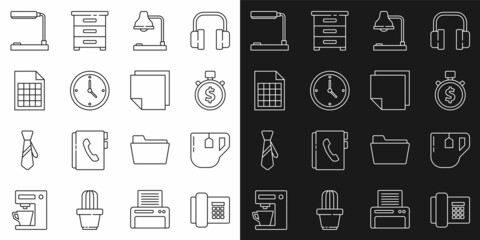 Canvas Print - Set line Telephone, Cup of tea with tea bag, Time is money, Table lamp, Clock, File document, and Post note stickers icon. Vector