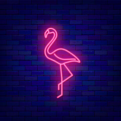 Wall Mural - Pink flamingo neon icon. Wild bird in Africa. Birthday present. Outer glowing effect poster. Vector stock illustration