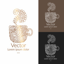 White And Gold Mug Emblem. Vector Illustration. Can Be Used For Drink, Food And Other Packaging Types. Great For Logo, Monogram, Invitation, Flyer, Menu, Brochure, Background Or Any Desired Idea.