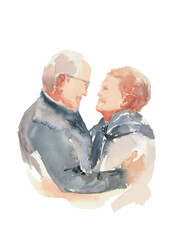 Elderly couple hugging and smiling at each other - man and woman together - watercolor illustration