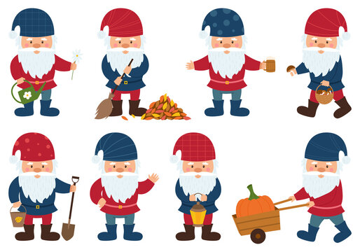 A collection of little gnomes with beards and caps hold a lantern, a bucket, basket of mushrooms, sweeps fallen leaves, carries a pumpkin. Small dwarfs, cute cartoon characters on a white background.