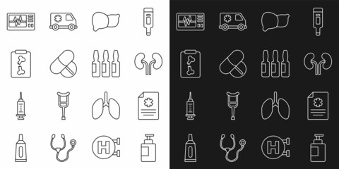 Wall Mural - Set line Hand sanitizer bottle, Clinical record, Human kidneys, organ liver, Medicine pill tablet, X-ray shots, Monitor with cardiogram and Medical vial, ampoule icon. Vector