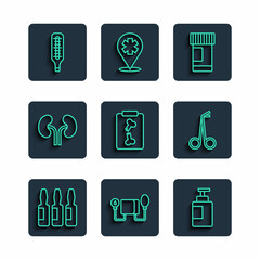 Poster - Set line Medical vial, ampoule, Blood pressure, Hand sanitizer bottle, Medicine pills, X-ray shots, Human kidneys, thermometer and scissors icon. Vector