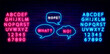 Retro speech bubbles neon sign collection. Nope, no and what shiny text. Blue and pink alphabet. Vector illustration