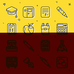 Wall Mural - Set line Speech bubble chat, Test tube and flask, Calculator, Exam paper with incorrect answers, Apple, sheet check mark, Graduation cap and School backpack icon. Vector