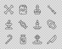 Set Line Christmas Candy Cane, Knife, Bottle With Potion, Eye In Jar, Crossed Bones, Candy, Tombstone Cross And Coffin Icon. Vector