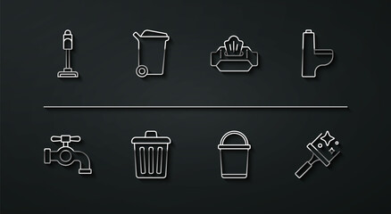 Sticker - Set line Vacuum cleaner, Water tap, Toilet bowl, Bucket, Trash can, Rubber for windows and Wet wipe pack icon. Vector