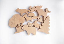 Eco Wooden Toy Farm Animals For Toddlers On White Background.