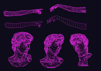Poster - Set of 3D models of gypsum heads. Cyberpunk sci-fi style vector illustration.
