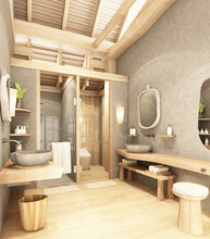 Wooden Bathroom And Shower Room, Under The Roof Overlooking The Structure, Concrete Walls And Wood Floors, And A Shower Room. In Vintage Resort Style 3d Render