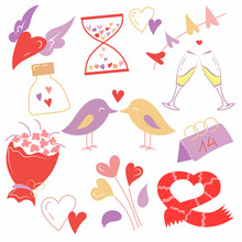 Set Of Vector Elements For Valentine's Day. Kit Of Love Icons. Isolated Elements On A White Background. Two Glasses, Scarf, Bouquet, Hearts, Calendar, Birds In Love, Jar With Small Hearts. Vector