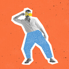 stylish man, hipster dressed in 70s, 80s fashion style dancing rock-and-roll on bright background wi