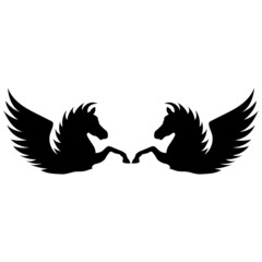 silhouette of two heads black winged pegasus horses with fluffy mane