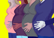 Cztery kobiety w ciąży z rękoma na brzuchach