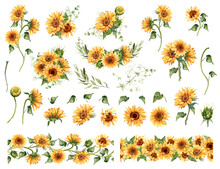 Sunflower Clipart. Watercolor Floral Illustration. Yellow Flowers For Rustic Wedding Design, Thanksgiving Decoration, Fabric, Greeting Cards, Ets. Elements Isolated On White Background