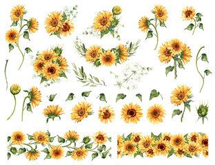 Sunflower clipart. Watercolor floral illustration. Yellow flowers for rustic wedding design, thanksgiving decoration, fabric, greeting cards, ets. Elements isolated on white background