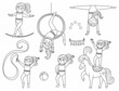 Vector black and white set with gymnast girls with hoop, horse, ribbon. Cute funny acrobat. Circus or sport artist outline clipart. Amusement holiday line icons. Festival characters coloring page.