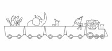 Vector Black And White Train With Circus Animals And Clown. Amusement Holiday Line Icon. Cute Funny Festival Locomotive With Characters. Street Show Comedians Coloring Page With Elephant.