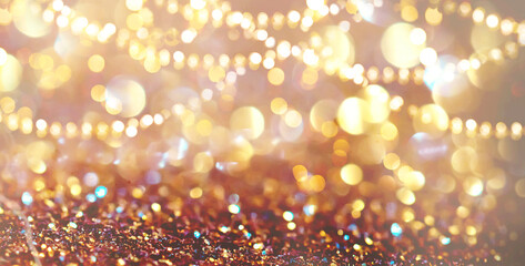 Wall Mural - abstract gold bokeh background. golden holiday glowing backdrop. defocused background with blinking 