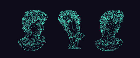 Poster - Set of 3D models of gypsum heads. Cyberpunk sci-fi style vector illustration.