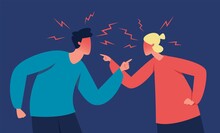 Angry Couple Shouting At Each Other, Marriage Problems. People Quarrel, Wife And Husband Arguing, Family Conflict Vector Illustration. Man And Woman Yelling Aggressively With Angry Expression