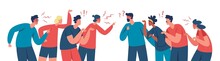 Two Groups Of People Arguing And Fighting, Conflict Among People. Angry Characters Having Argument Or Disagreement Vector Illustration. Colleagues Having Debate Or Misunderstanding