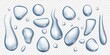 Realistic condensation water drops, dripping raindrops and tears. Clean liquid droplets, transparent waterdrops in different shapes vector set. Natural fresh and pure blobs isolated on transparent