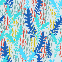 Colorful Seamless Pattern With Underwater Plants. Drawing Seaweeds In Different Colors. Good Print For Wallpaper, Textile, Wrapping Paper, Ceramic Tiles. Vector Illustration