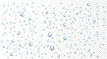 Water Rain Drops On Window, Shower Steam Condensation On Glass. Realistic Raining Droplets, Raindrops On Transparent Surface Vector Background. Pure Aqua Blobs On Transparent Backdrop