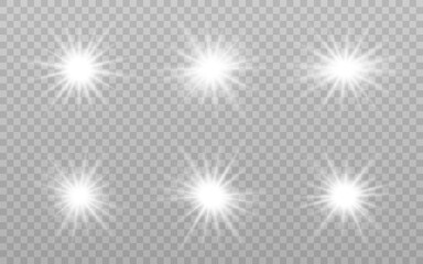 Poster - Glowing stars collection. White explosions on transparent background. Bright shiny bursts. White flash set. Magic silver particles. Vector illustration