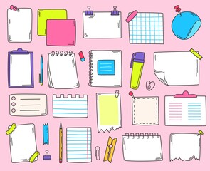 Poster - Doodle paper sheets, cute planner sticky notes. Hand drawn notebook page stickers, sketch memo sheet, note papers doodles vector set. Reminders with adhesive tape, stationery for school