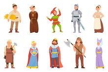 Cartoon Historical Medieval Characters, King And Queen, Princess. Middle Age Knight, Blacksmith, Peasant, Jester Character Vector Set. Woman And Man In Old Fairy Tale Or Legend Clothes
