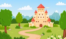 Cartoon Medieval Castle, Fairytale Landscape With Princess Palace. Magic Kingdom Fortress In Forest, Children Fairy Tale Vector Illustration. Royal Historical Mansion With Beautiful Nature