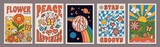 70s groovy posters, retro print with hippie elements. Cartoon psychedelic landscape with mushrooms and flowers, vintage funky print vector set. Open space with planets and stars, meadow with sunrise