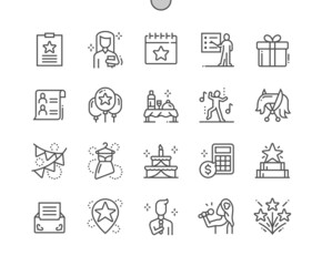 Event management. Budget and list of invitees. Organization, planning and discussion. Decoration of event. Corporate holiday. Pixel Perfect Vector Thin Line Icons. Simple Minimal Pictogram