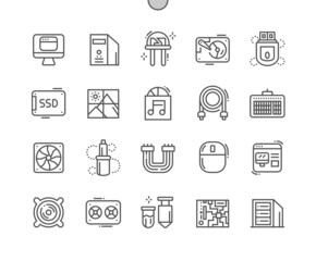 Poster - Computer. Technology, digital equipment. Cd disk, cooler, motherboard and hard disk ssd. Computer mouse. Thermal grease. Pixel Perfect Vector Thin Line Icons. Simple Minimal Pictogram