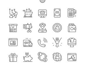 Poster - Ecommerce. Online shopping. Cashless payment. Currency exchange. Auction. Pixel Perfect Vector Thin Line Icons. Simple Minimal Pictogram