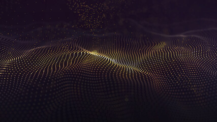 Wall Mural - Abstract glowing 3D wave of particles. The concept of technology. Futuristic gold background. Visualization of big data. 3d rendering.