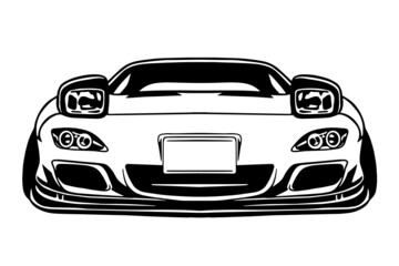 Sports car. Super car. Drift Racing auto. Vector monochrome illustration. Cutting file ploterdatei. T shirt design print vinyl decal. Black and white illustratin