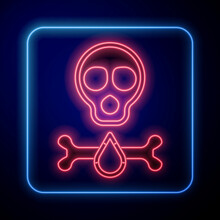 Glowing Neon Bones And Skull As A Sign Of Toxicity Warning Icon Isolated On Black Background. Vector