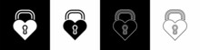 Set Castle In The Shape Of A Heart Icon Isolated On Black And White Background. Locked Heart. Love Symbol And Keyhole Sign. Happy Valentines Day. Vector
