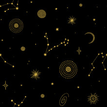 Seamless Pattern With Golden Embroidered Constellations, Stars, Planets And Moon On Black Background