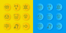 Set Line Zoo Park, Owl Bird, Bear Head, Fish, Jellyfish, Butterfly, Turtle And Cow Icon. Vector