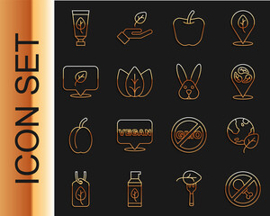 Set line No meat, Earth globe and leaf, Vegan food diet, Apple, Leaf or leaves, Organic cosmetic and Animal cruelty free icon. Vector