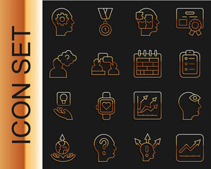 Set line Financial growth increase, Man with third eye, To do list or planning, Head puzzles strategy, Two sitting men talking, question mark, Human head gear inside and Calendar icon. Vector