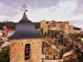 Sticker - Cityscape of Yeste, with medieval buildings in Albacete, Castilla la Mancha, Spain