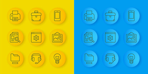 Poster - Set line Document folder, with graph chart, Browser setting, Light bulb, Picture landscape, Printer, Mobile phone and Briefcase icon. Vector