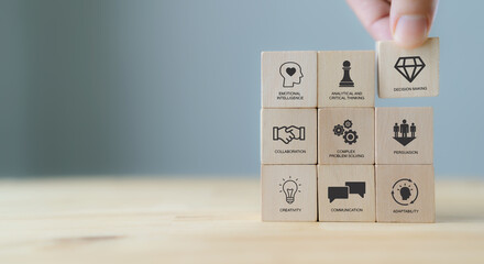 Soft skills concept. Used for presentation, banner. Hand puts wooden cubes with icons of 