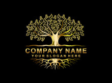 Tree And Roots Logo Illustration With Gold Colors. Tree Of Life Logo Design Inspiration Isolated.